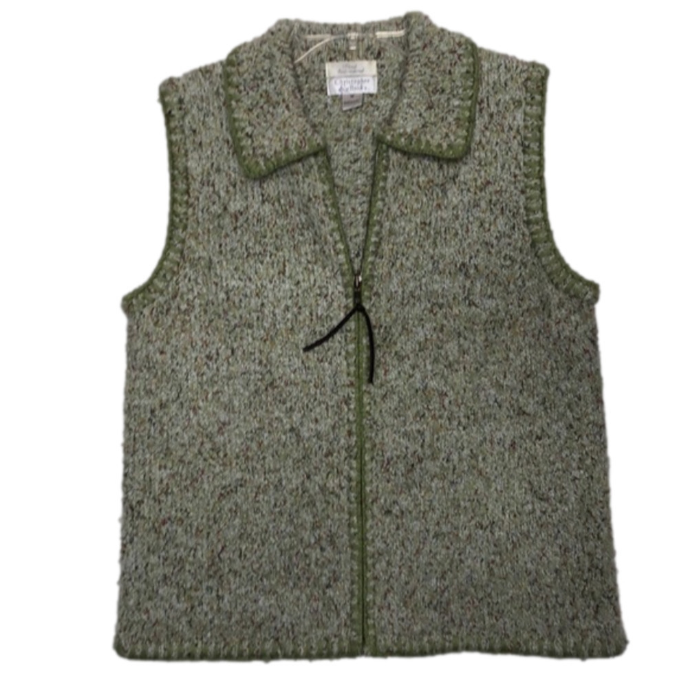 Christopher & BANKS Hand Embroidered Sweater Full Zip Vest Green & Tan - Size M